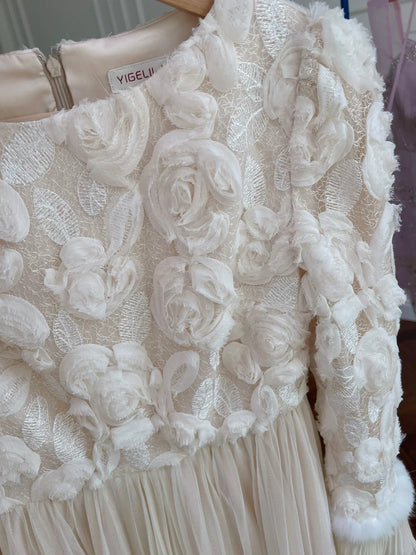 Charming Floral Pleated Prom Dress Long Sleeve A-Line Evening Dress GG5909