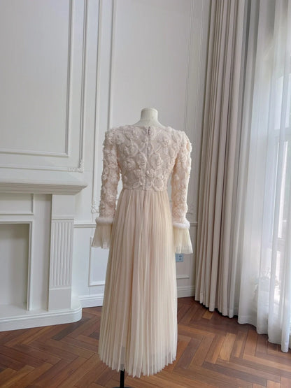 Charming Floral Pleated Prom Dress Long Sleeve A-Line Evening Dress GG5909
