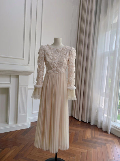 Charming Floral Pleated Prom Dress Long Sleeve A-Line Evening Dress GG5909