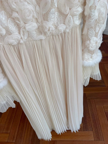 Charming Floral Pleated Prom Dress Long Sleeve A-Line Evening Dress GG5909