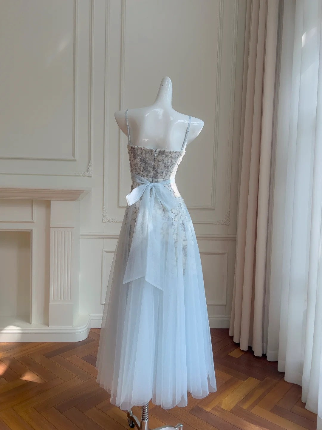 Glittering Sequins Floral Blue Prom Dress Spaghetti Straps A-Line Evening Dress GG5911