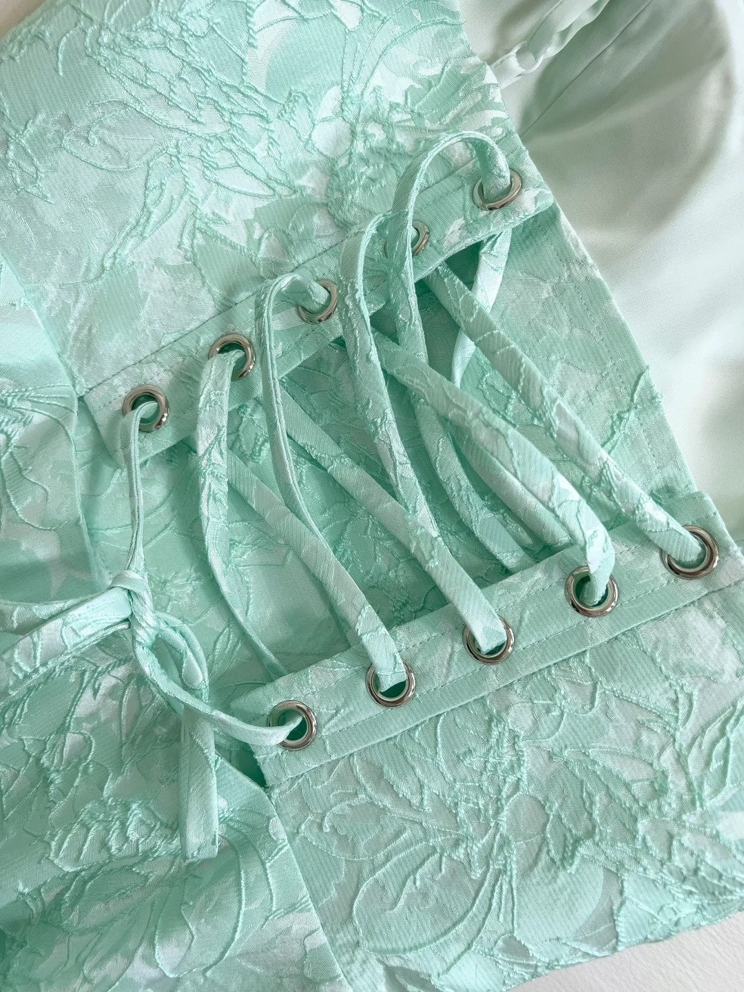 Trendy Textured Floral Mint Green Prom Dress Spaghetti Straps A-Line Evening Dress GG5912