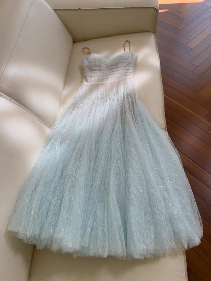 Unique Spaghetti Straps Blue Prom Dress Sequins Tulle A-Line Evening Dress GG5914
