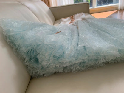 Unique Spaghetti Straps Blue Prom Dress Sequins Tulle A-Line Evening Dress GG5914