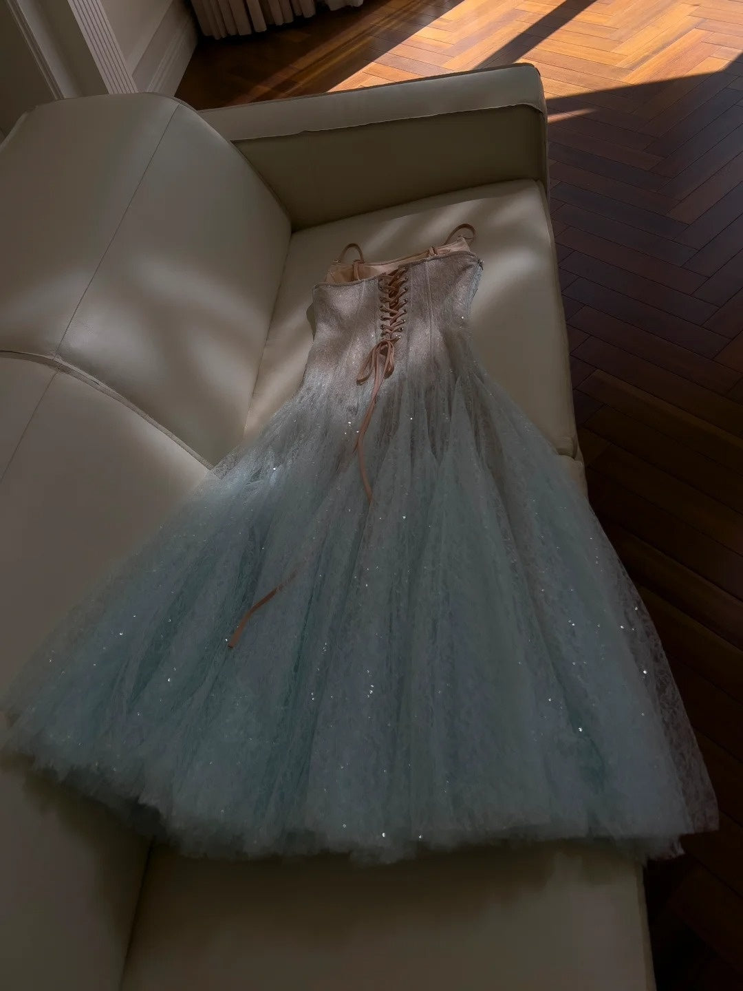 Unique Spaghetti Straps Blue Prom Dress Sequins Tulle A-Line Evening Dress GG5914