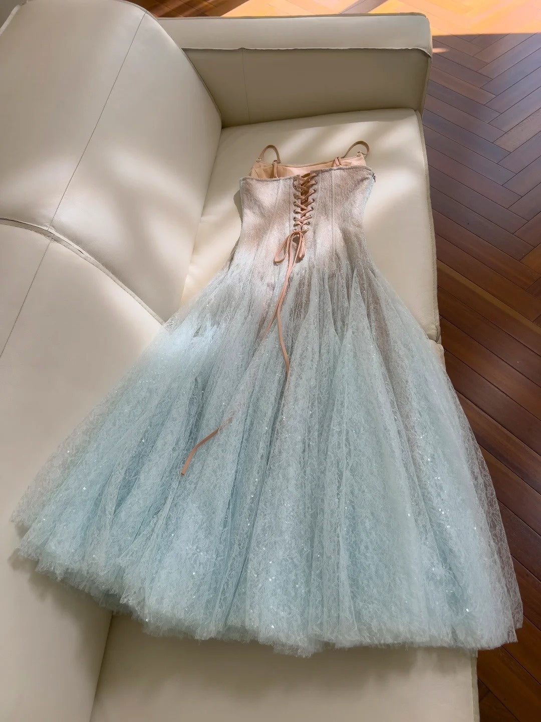 Unique Spaghetti Straps Blue Prom Dress Sequins Tulle A-Line Evening Dress GG5914