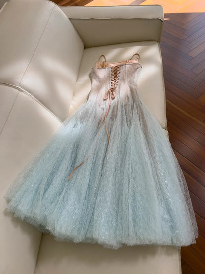 Unique Spaghetti Straps Blue Prom Dress Sequins Tulle A-Line Evening Dress GG5914