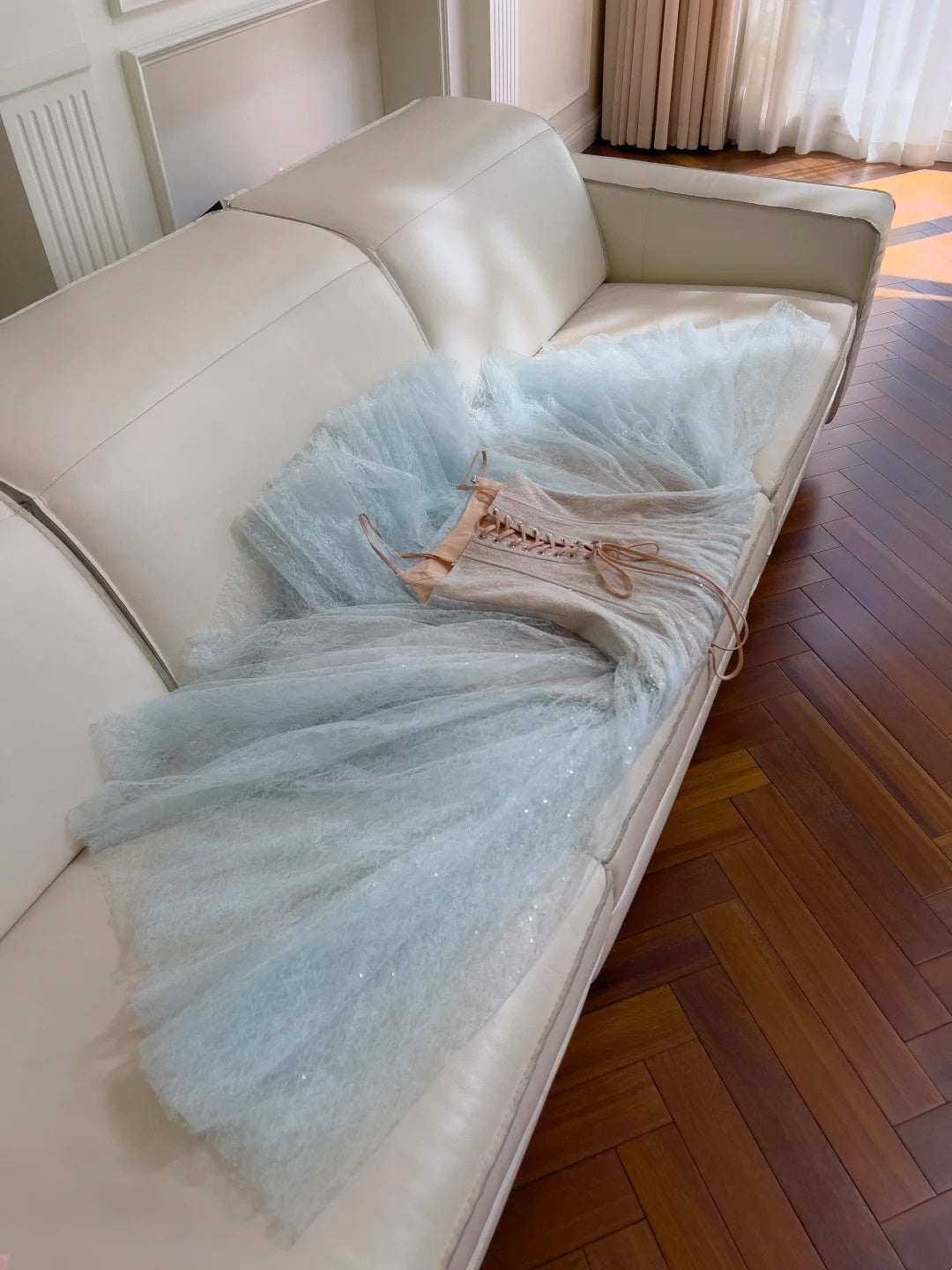 Unique Spaghetti Straps Blue Prom Dress Sequins Tulle A-Line Evening Dress GG5914
