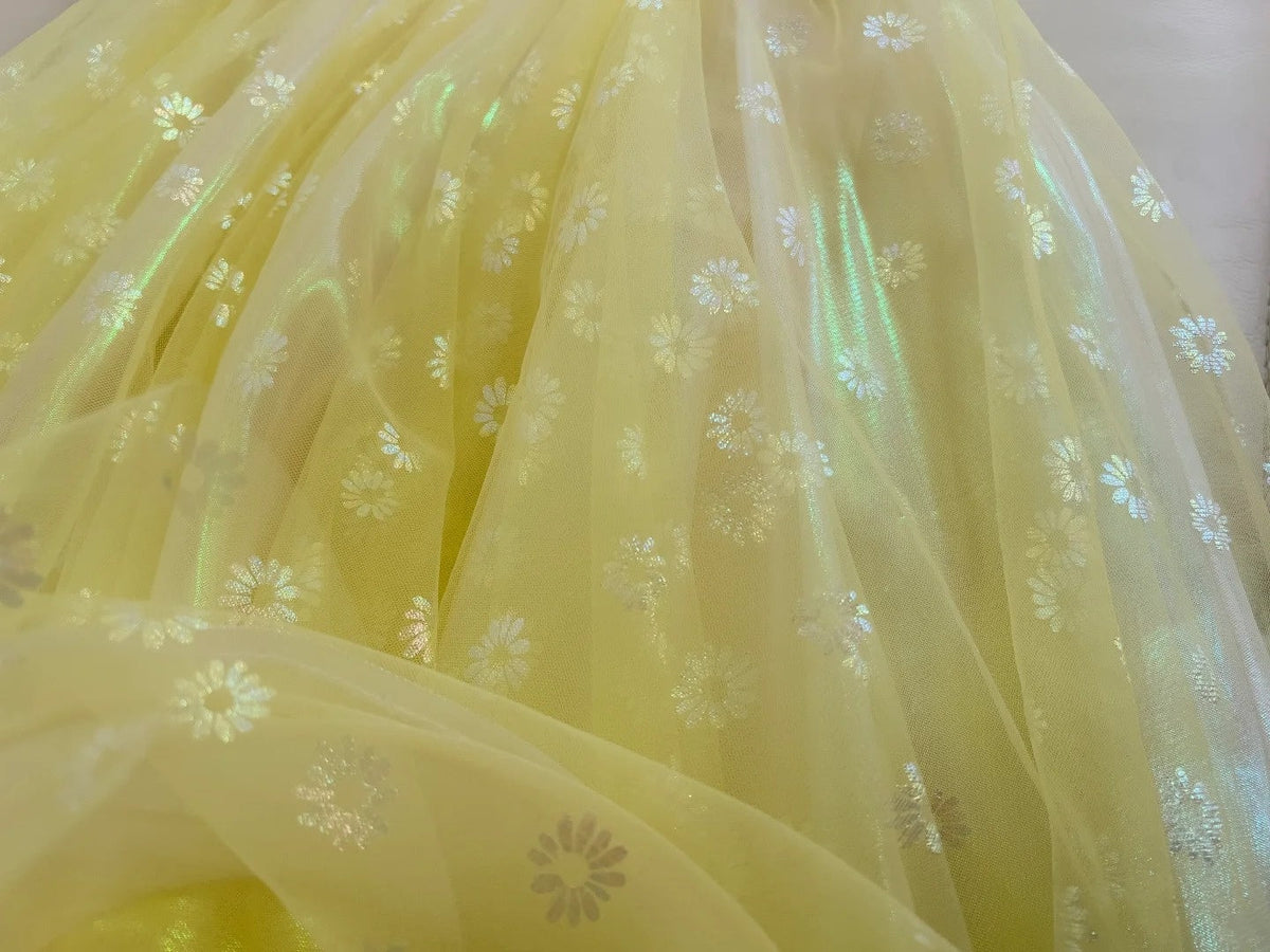 Adorable Floral Yellow Prom Dress Spaghetti Straps A-Line Tulle Evening Dress GG5915