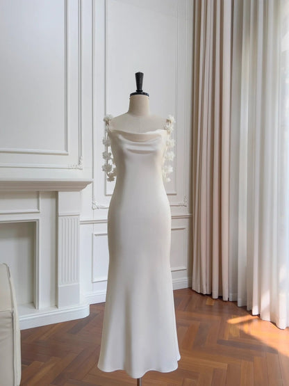 Romantic Spaghetti Straps White Prom Dress Satin Appliques Mermaid Evening Dress GG5916
