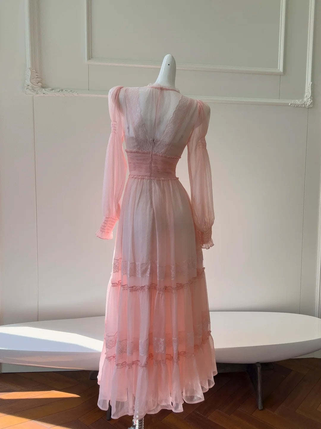 Trendy Pink Prom Dress Long Sleeve Lace A-Line Evening Dress GG5918