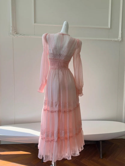 Trendy Pink Prom Dress Long Sleeve Lace A-Line Evening Dress GG5918