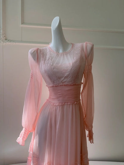 Trendy Pink Prom Dress Long Sleeve Lace A-Line Evening Dress GG5918