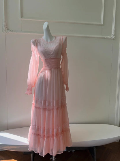 Trendy Pink Prom Dress Long Sleeve Lace A-Line Evening Dress GG5918