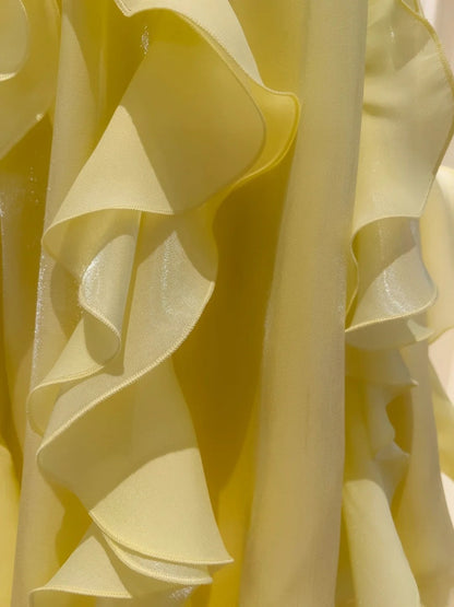 Charming Spaghetti Straps Yellow Prom Dress Ruffles Tulle Beaded A-Line Evening Dress GG5920