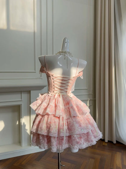 Sweet Off-the-Shoulder Pink Homecoming Dress Lace Tiered Birthday Dress GG5921