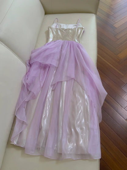 Lustrous Spaghetti Straps Purple Prom Dress Tulle A-Line Evening Dress GG5926