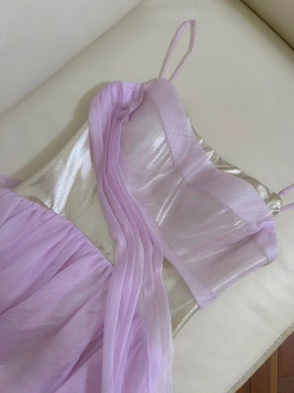 Lustrous Spaghetti Straps Purple Prom Dress Tulle A-Line Evening Dress GG5926