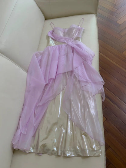 Lustrous Spaghetti Straps Purple Prom Dress Tulle A-Line Evening Dress GG5926