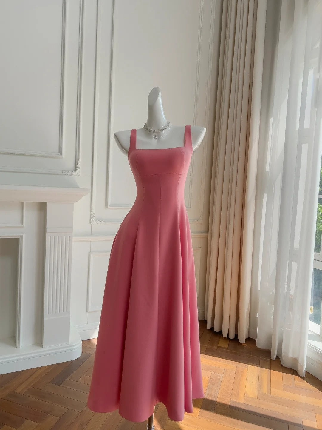 Sleek Square Neck Pink Prom Dress A-Line Evening Dress GG5930