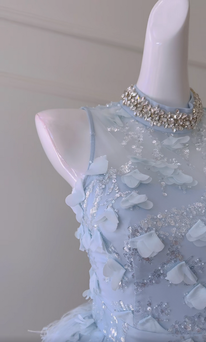 Charming Beaded Blue Homecoming Dress Sequins Feather Sheath Birthday Dress GG5932