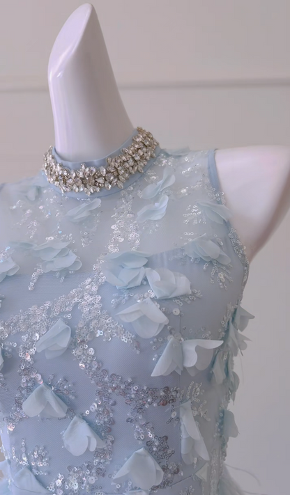 Charming Beaded Blue Homecoming Dress Sequins Feather Sheath Birthday Dress GG5932
