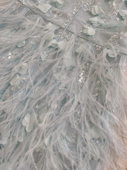 Charming Beaded Blue Homecoming Dress Sequins Feather Sheath Birthday Dress GG5932