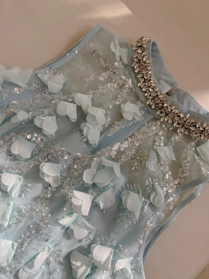 Charming Beaded Blue Homecoming Dress Sequins Feather Sheath Birthday Dress GG5932