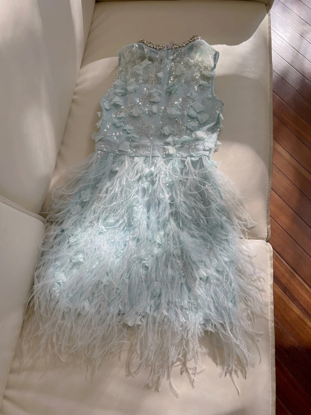 Charming Beaded Blue Homecoming Dress Sequins Feather Sheath Birthday Dress GG5932