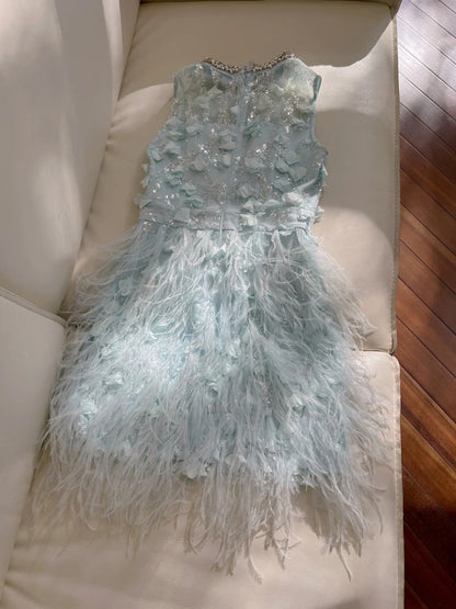 Charming Beaded Blue Homecoming Dress Sequins Feather Sheath Birthday Dress GG5932