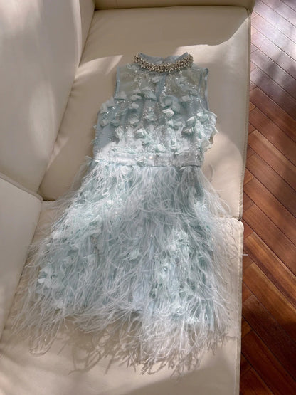 Charming Beaded Blue Homecoming Dress Sequins Feather Sheath Birthday Dress GG5932