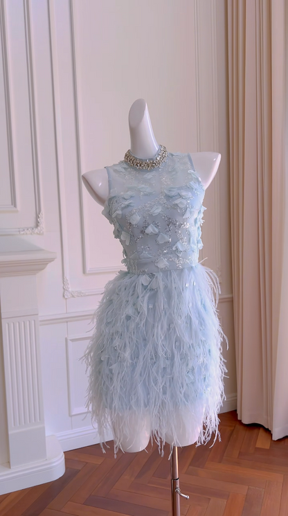 Charming Beaded Blue Homecoming Dress Sequins Feather Sheath Birthday Dress GG5932