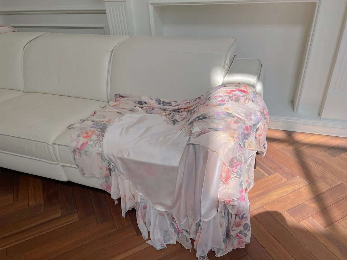 Playful Halter Neck Floral Prom Dress Ruffles Chiffon A-Line Evening Dress GG5934