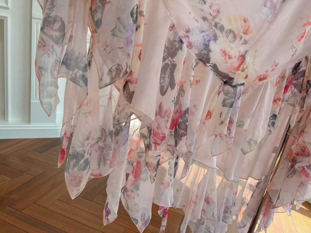 Playful Halter Neck Floral Prom Dress Ruffles Chiffon A-Line Evening Dress GG5934