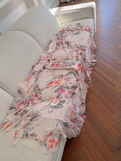 Playful Halter Neck Floral Prom Dress Ruffles Chiffon A-Line Evening Dress GG5934