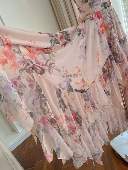 Playful Halter Neck Floral Prom Dress Ruffles Chiffon A-Line Evening Dress GG5934