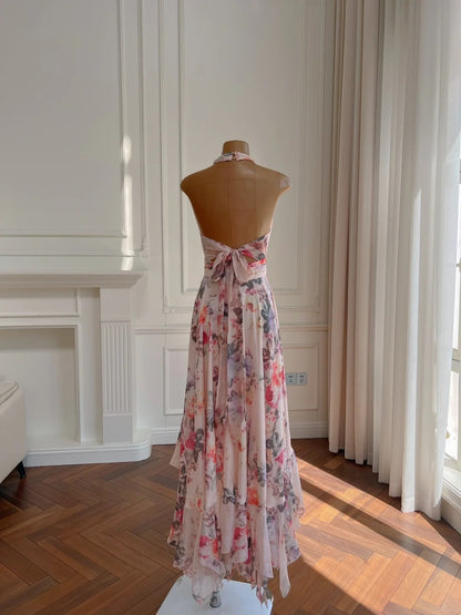 Playful Halter Neck Floral Prom Dress Ruffles Chiffon A-Line Evening Dress GG5934
