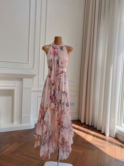 Playful Halter Neck Floral Prom Dress Ruffles Chiffon A-Line Evening Dress GG5934