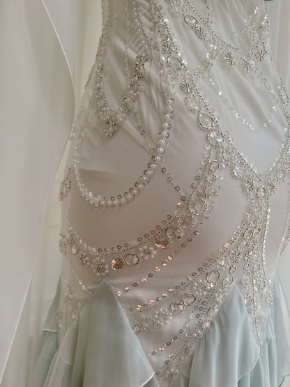 Luxury Spaghetti Straps Green Prom Dress Sequins Ruffles Mermaid Evening Dress GG5935