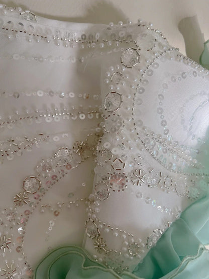 Luxury Spaghetti Straps Green Prom Dress Sequins Ruffles Mermaid Evening Dress GG5935