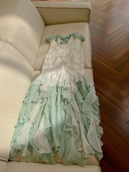 Luxury Spaghetti Straps Green Prom Dress Sequins Ruffles Mermaid Evening Dress GG5935