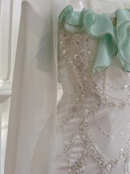 Luxury Spaghetti Straps Green Prom Dress Sequins Ruffles Mermaid Evening Dress GG5935