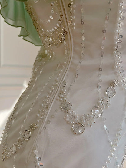 Luxury Spaghetti Straps Green Prom Dress Sequins Ruffles Mermaid Evening Dress GG5935