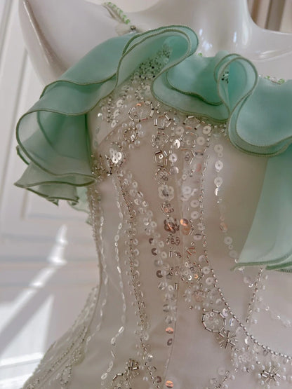 Luxury Spaghetti Straps Green Prom Dress Sequins Ruffles Mermaid Evening Dress GG5935