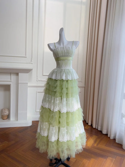 Ornate Spaghetti Straps Green Prom Dress Tiered Lace A-Line Evening Dress GG5937