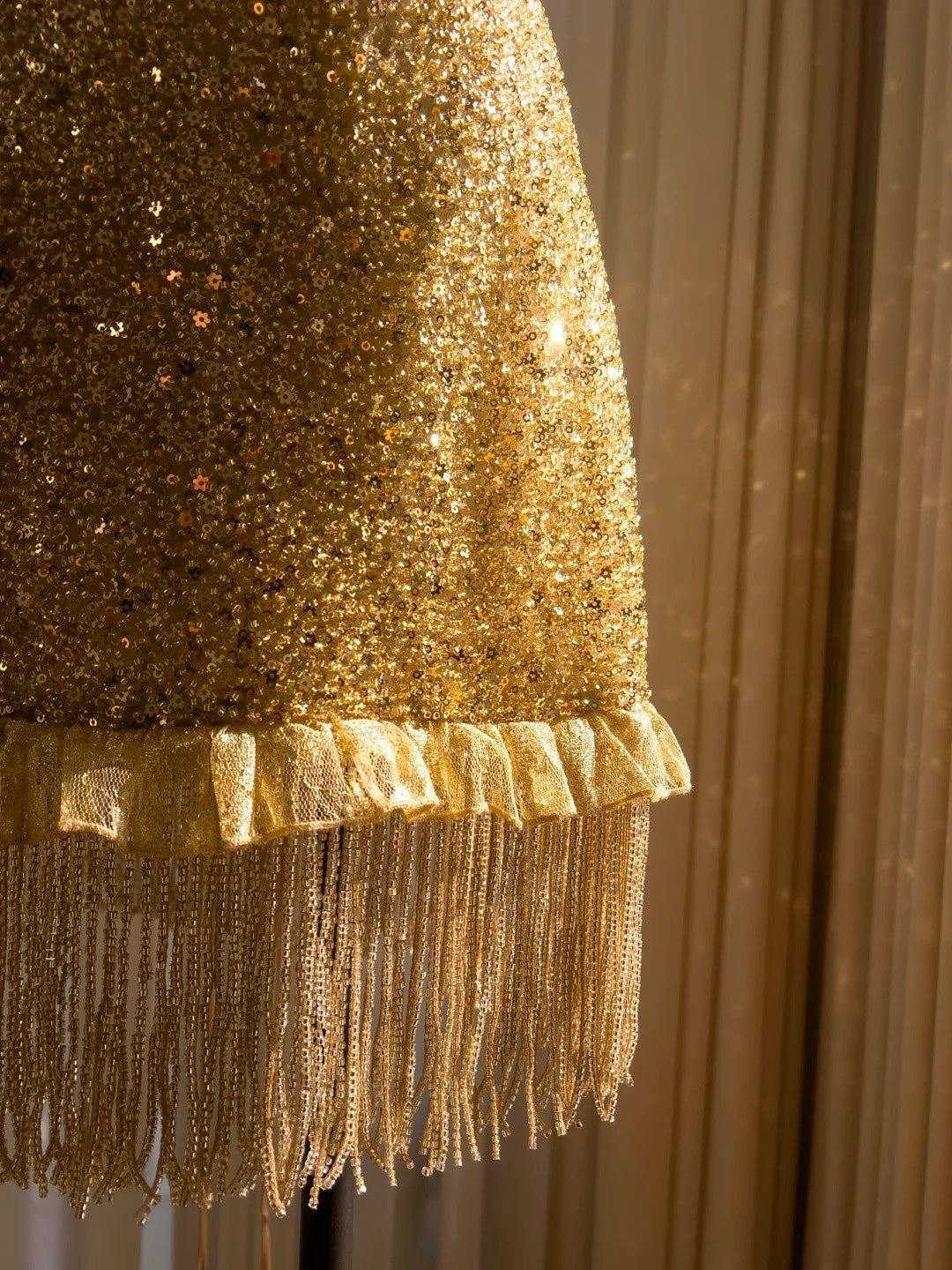 Luxurious Spaghetti Straps Gold Homecoming Dress Sequins Tassel A-Line Birthday Dress GG5938