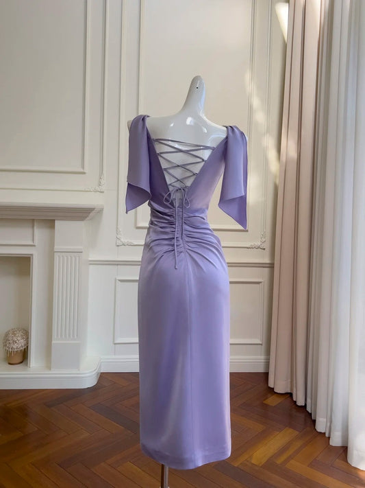 Charming Spaghetti Straps Purple Prom Dress Beading Lace Appliques Sheath Midi Evening Dress GG5941
