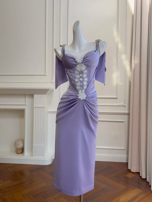 Charming Spaghetti Straps Purple Prom Dress Beading Lace Appliques Sheath Midi Evening Dress GG5941