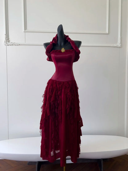 Alluring Halter Neck Burgundy Prom Dress Ruffles Lace A-Line Evening Dress GG5947