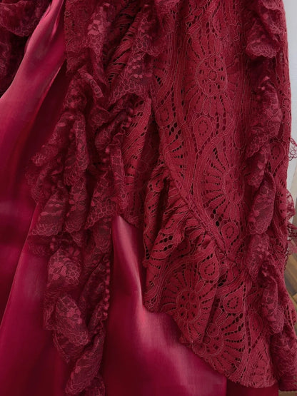 Alluring Halter Neck Burgundy Prom Dress Ruffles Lace A-Line Evening Dress GG5947